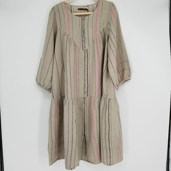 NWT Gudrun Sjoden Linen Striped Shima Dress, pintucks -L- Lagenlook, Cottagecore - Picture 2 of 9
